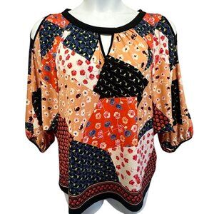 Eci New York Boho Flowy Top Floral Patchwork Print Cold Shoulder Blouse Size L